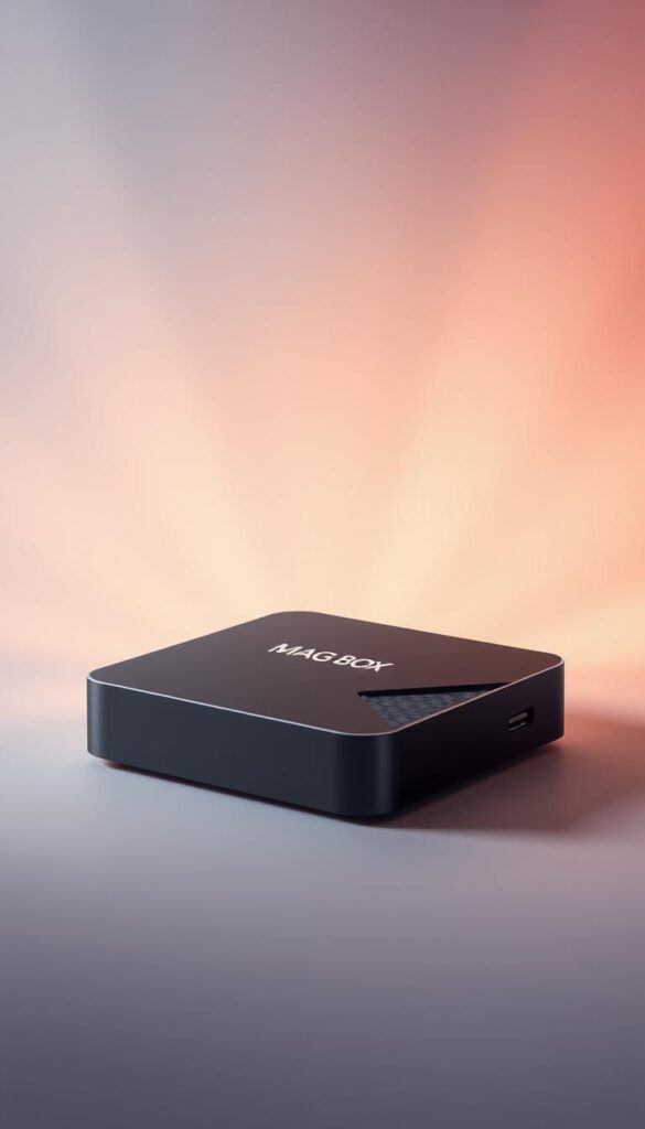A sleek and modern IPTV MAG box set against a soft, gradient background. The box has a minimalist design with clean lines and a glossy finish, reflecting the premium quality of the IPTVANBIETERTV brand. Rays of warm light softly illuminate the device, adding depth and a sense of premium sophistication. The MAG box is positioned in the center, surrounded by a subtle halo effect that draws the eye. The background gradually fades from a cool, muted tone to a warmer, more vibrant hue, creating a sense of depth and dimension. The overall composition is balanced and visually striking, perfectly capturing the key benefits and appeal of the IPTV MAG box.