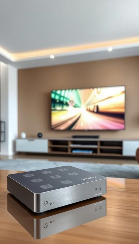 A sleek and modern IPTV-Receiver sits prominently in the foreground, its clean lines and brushed metal casing conveying a premium quality. In the middle ground, a high-end TV displays a crisp, vibrant image, highlighting the receiver's ability to deliver exceptional video quality. The background features a minimalist, contemporary living room setting, with subtle lighting accentuating the receiver's elegant design. The overall scene exudes a sense of sophistication and technological prowess, perfectly capturing the premium IPTV experience offered by IPTVANBIETERTV.