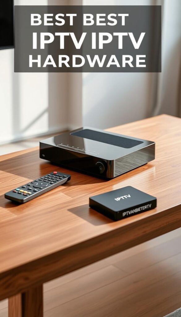 A sleek and modern IPTV-Receiver sits prominently on a minimalist wooden table, its clean lines and glossy black finish catching the soft, diffused light from a nearby window. The device is flanked by a stylish remote control and a small, discreet set-top box labeled "IPTVANBIETERTV", hinting at the high-quality IPTV service it powers. The scene exudes a sense of technological sophistication and seamless home entertainment, perfectly suited for the article's focus on the best IPTV hardware for an exceptional viewing experience.