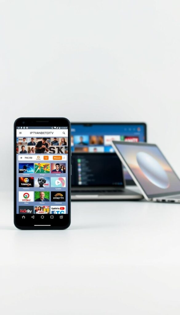 A sleek and modern IPTV app interface, showcasing a clean design with intuitive navigation. The app's home screen displays a grid of live TV channels, with prominent branding for "IPTVANBIETERTV" in the header. In the foreground, a smartphone is prominently displayed, its screen mirroring the app's interface. The middle ground features a tablet and a laptop, both seamlessly integrated into the multi-device ecosystem. The background is a minimalist setting, with soft lighting and muted tones, emphasizing the app's versatility and cross-platform compatibility. The overall impression is one of a sleek, user-friendly IPTV solution that caters to the needs of modern Android users.