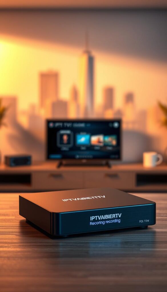 A sleek and modern IPTV box with a prominent display showcasing its recording capabilities. The device is positioned on a minimalist wooden surface, bathed in warm, directional lighting that casts subtle shadows and highlights its clean lines. The IPTVANBIETERTV logo is prominently displayed on the front panel, conveying a sense of quality and reliability. In the background, a blurred cityscape or living room setting provides a sense of context, hinting at the box's versatility and integration into a home entertainment system. The overall composition and styling evoke a premium, high-tech aesthetic that aligns with the subject of the article.