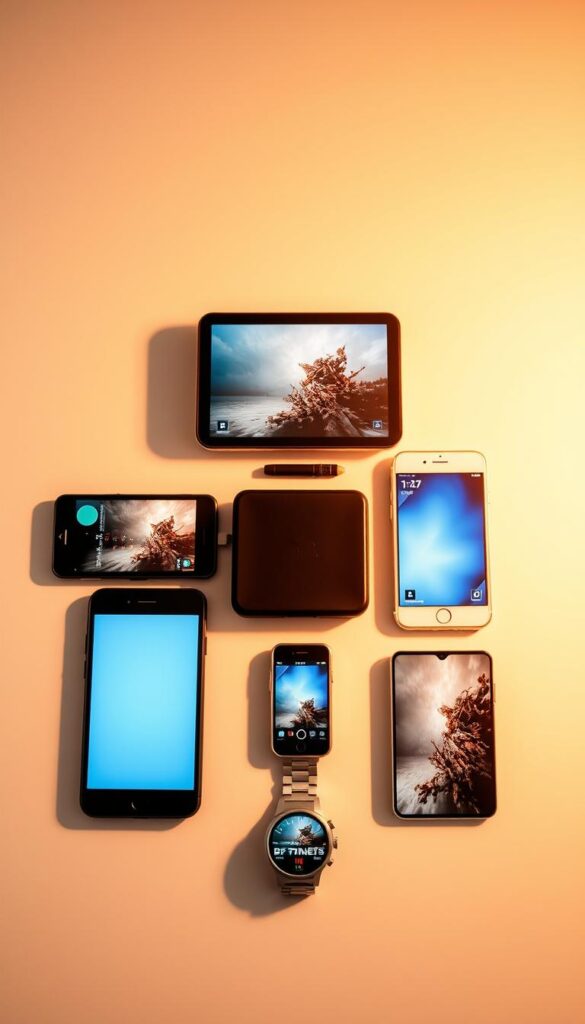 A sleek and modern IPTV device display, showcased on a variety of mobile gadgets - smartphones, tablets, and even a smartwatch. The devices are arranged in a visually appealing, symmetrical layout, highlighting the versatility and portability of the IPTVANBIETERTV service. The scene is bathed in warm, soft lighting, creating a cozy and inviting atmosphere. The mobile screens display vibrant, high-quality content, reflecting the seamless IPTV experience. The overall composition conveys the ease and convenience of accessing IPTV on the go, catering to the modern, tech-savvy user.