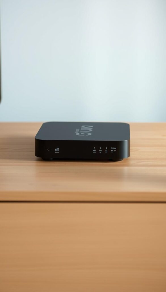 A sleek and modern IPTV device, the IPTVANBIETERTV box, sits atop a minimalist wooden surface. The device features a clean, rectangular design with a matte black finish, seamlessly blending into the contemporary setting. Soft, diffused lighting illuminates the scene, creating a warm and inviting atmosphere. The IPTV box is positioned centrally, with a shallow depth of field that emphasizes its form and function. The background fades into a blurred, neutral tone, allowing the device to take center stage. The overall composition conveys a sense of simplicity, technology, and sophistication, perfectly complementing the informative article on IPTV and its usage.