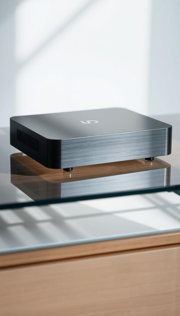 A sleek and modern IPTV device, the IPTVANBIETERTV, rests on a minimalist glass or wooden surface. Soft, directional lighting casts gentle shadows, highlighting the clean lines and premium materials of the device. The brushed aluminum or matte black casing reflects the ambient light, creating a sense of elegance and high-end craftsmanship. The device is positioned in the center of the frame, with a slightly low camera angle to emphasize its presence. The background is subtly blurred, allowing the IPTV device to be the focal point of the image, conveying its importance and functionality.