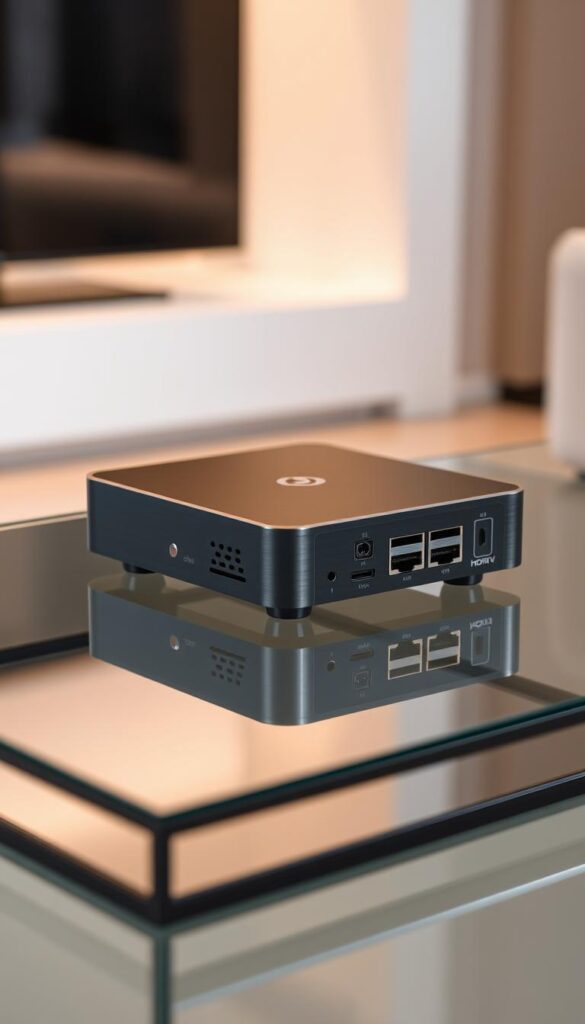 A sleek and modern IPTV device, the IPTVANBIETERTV, sits atop a minimalist glass or metal surface. The device has a clean, rectangular design with smooth edges and a brushed metal or matte black finish. The front features a discreet power button and indicator light, while the back showcases a variety of connectivity ports, including HDMI, Ethernet, and USB. The device is positioned in a well-lit, sophisticated environment, perhaps a contemporary living room or home office, with soft, diffused lighting creating a warm, inviting atmosphere. The overall scene conveys the idea of a versatile, high-quality IPTV solution that seamlessly integrates into a modern, tech-savvy lifestyle.