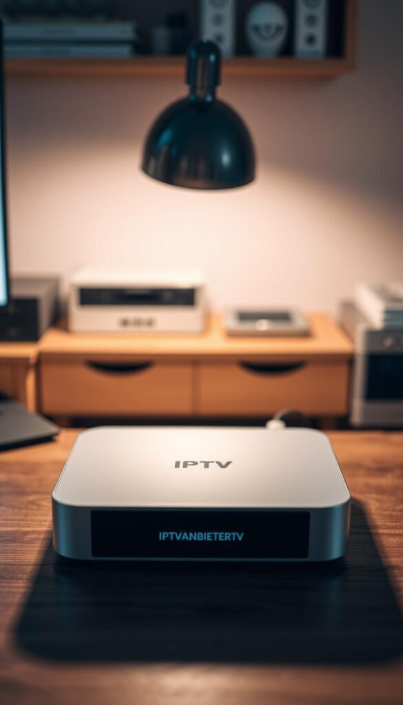 A sleek and modern IPTV device with a minimalist design, displaying the IPTVANBIETERTV logo on the front panel. The device is placed on a wooden desk, surrounded by a clean and organized workspace. Soft, diffused lighting illuminates the scene, creating a warm and inviting atmosphere. The image showcases the simplicity and elegance of the IPTV technology, subtly hinting at its functionality and ease of use for the viewer.