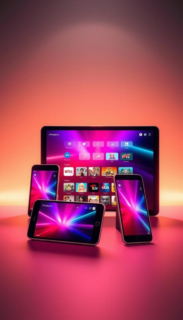 A sleek and modern IPTV platform displayed on a range of contemporary smartphones and tablets, showcasing the versatility and accessibility of IPTVANBIETERTV's cutting-edge services. The devices are arranged in a dynamic, asymmetrical composition, their screens radiating a vibrant, high-definition glow. The background features a minimalist, gradient-based environment, lending a sense of sophistication and technological prowess. Warm, directional lighting illuminates the scene, highlighting the seamless integration of IPTV across multiple digital devices. The overall atmosphere conveys the convenience and flexibility of enjoying IPTVANBIETERTV's comprehensive entertainment offerings, from the palm of your hand to the comfort of your home.