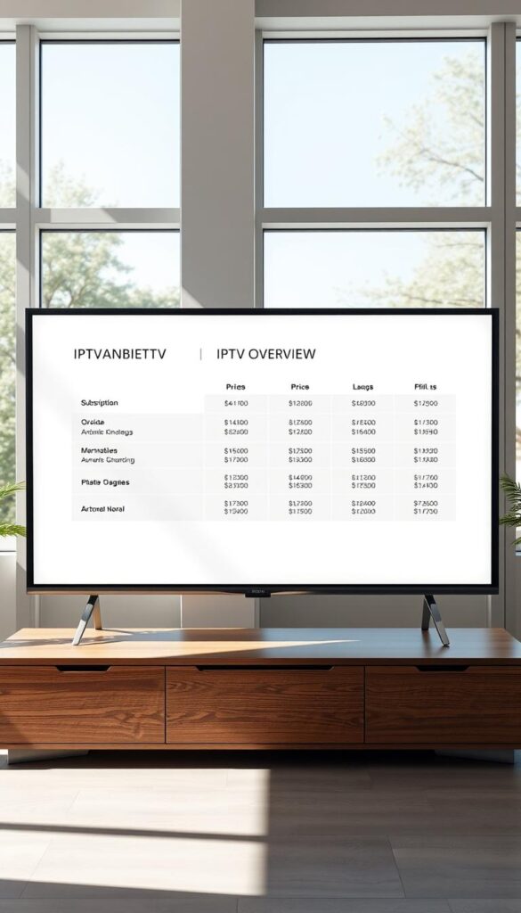 A sleek and modern IPTV price overview layout presented on a large flatscreen TV display. The screen features a clean and minimalist design with a white background, showcasing the "IPTVANBIETERTV" brand prominently. The pricing information is displayed in a simple grid format, with clear and legible typography detailing the various IPTV subscription packages and their corresponding costs. The layout is well-organized, making it easy for the viewer to quickly grasp the pricing details. The scene is illuminated by natural daylight streaming in through large windows, creating a bright and airy atmosphere. The TV is positioned on a stylish wooden TV stand, complementing the modern and professional aesthetic. The overall impression is one of transparency, clarity and attention to detail, reflecting the section title's emphasis on "transparent costs without hidden fees".