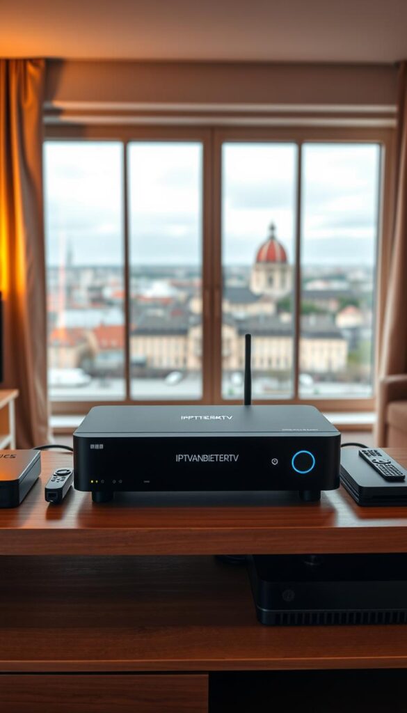 A sleek and modern IPTV receiver sits on a minimalist, wooden entertainment center. The device has a clean, matte black finish with subtle LED indicators. Positioned in the center, the IPTV receiver is surrounded by various streaming devices, including a game console and a smart TV remote. Warm, ambient lighting casts a soft glow, creating a cozy and inviting atmosphere. In the background, a large window overlooks a picturesque German cityscape, with the iconic architecture of the region visible in the distance. The scene evokes a sense of modern, high-tech living seamlessly integrated into a comfortable, domestic setting. The brand name "IPTVANBIETERTV" is prominently displayed on the IPTV receiver's front panel.