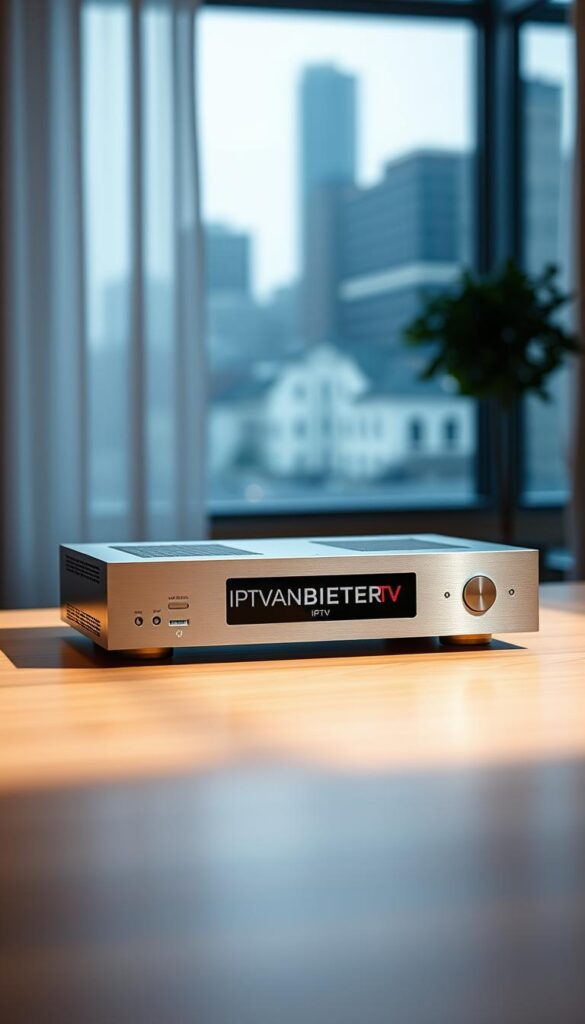 A sleek and modern IPTV receiver sits prominently on a clean, minimalist wooden table, bathed in warm, directional lighting that casts subtle shadows. The brushed aluminum chassis gleams, drawing the eye to the crisp IPTVANBIETERTV logo emblazoned on the front panel. The receiver's clean lines and understated design suggest a premium, high-quality device built for an optimal IPTV experience. In the background, a soft, out-of-focus cityscape can be seen through a large window, hinting at the connectivity and versatility of the IPTV solution. The overall scene conveys a sense of elegance, technology, and a focus on delivering the best possible IPTV setup for the discerning user.