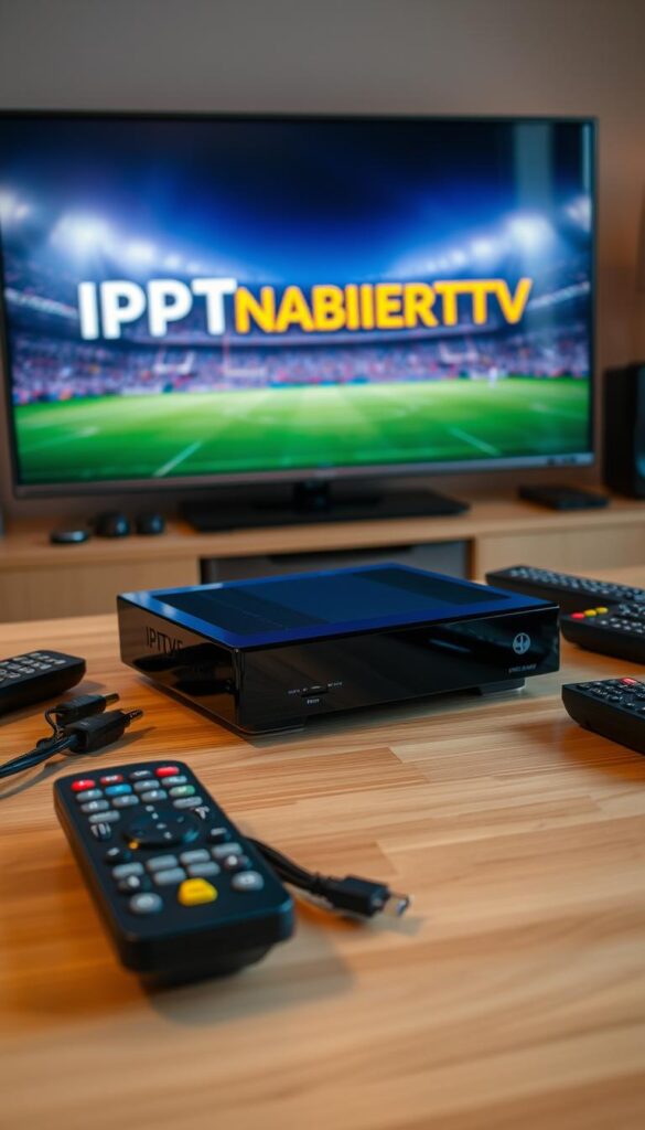 A sleek and modern IPTV receiver sits prominently on a minimalist wooden table, its clean lines and glossy black finish reflecting the warm ambient lighting. The device is surrounded by various remote controls, cables, and other accessories, suggesting a well-equipped home entertainment setup. In the background, a large flat-screen TV displays the IPTVANBIETERTV logo, hinting at the seamless integration and flexibility of the system. The overall scene conveys a sense of technology, convenience, and the perfect solution for a football fan's streaming needs.