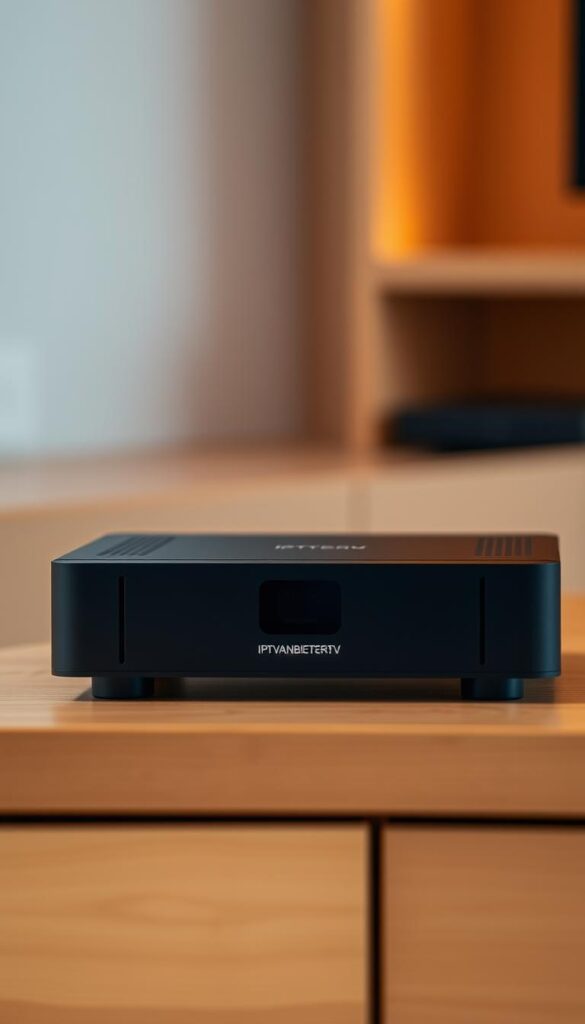 A sleek and modern IPTV receiver with a minimalist design, sitting atop a minimalist wooden surface. The receiver's matte black casing is accented by clean lines and a subtle IPTVANBIETERTV logo, conveying a sense of premium quality. The device is bathed in warm, indirect lighting, creating a cozy and inviting atmosphere. The camera angle is positioned slightly above the receiver, giving a slightly elevated perspective and emphasizing its elegant form. The background is softly blurred, keeping the focus on the device itself and its key features.