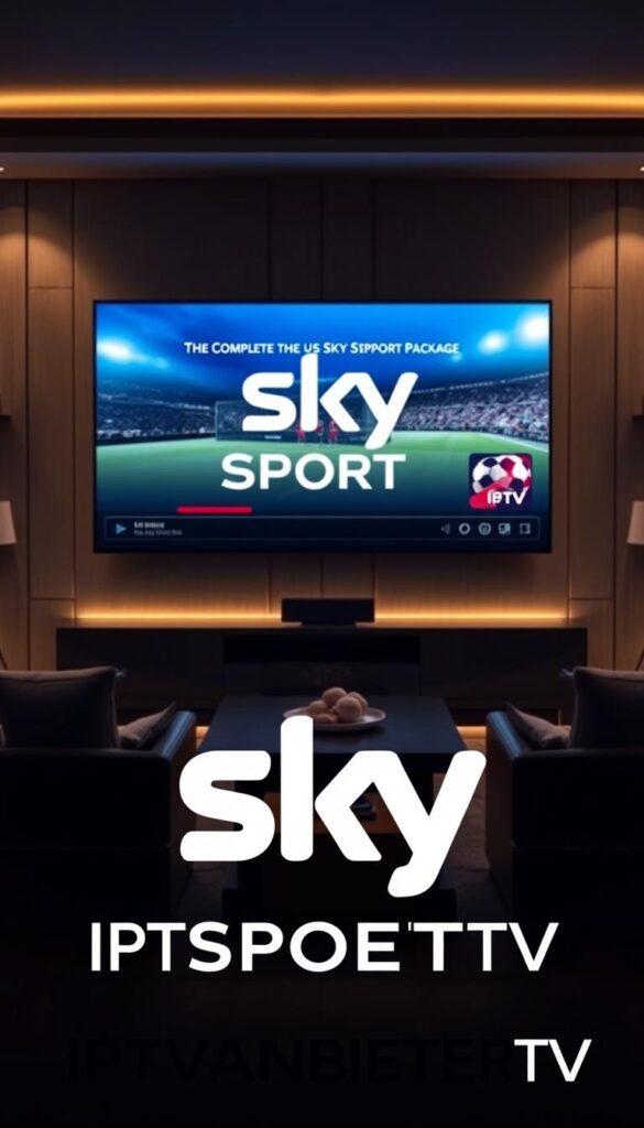 A sleek and modern IPTV service featuring the complete Sky Sport package, prominently displayed on a large, high-definition television screen. The screen is set against a dimly lit, elegant living room with soft lighting, plush leather furniture, and a cozy atmosphere. In the foreground, the IPTVANBIETERTV logo is clearly visible, drawing the viewer's attention to the premium IPTV service offering the Sky Sport channels. The image conveys a sense of premium quality, cutting-edge technology, and the ultimate sports viewing experience in the comfort of one's home.