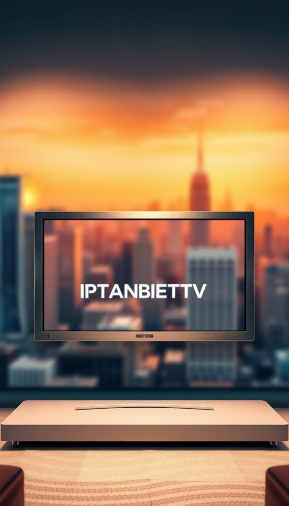 A sleek and modern IPTV service interface, showcasing the IPTVANBIETERTV brand. In the center, a high-definition television screen displays a vibrant, crisp image, surrounded by a minimalist, brushed aluminum frame. The background features a blurred cityscape, hinting at the global connectivity of the IPTV service. Warm, directional lighting illuminates the scene, creating a sense of depth and professionalism. The overall composition conveys the ease and sophistication of the IPTV experience, ready to be enjoyed on multiple devices.
