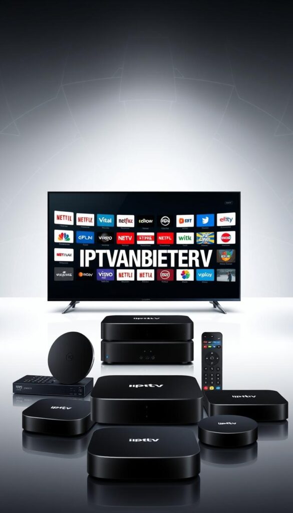 A sleek and modern IPTV service provider interface, showcasing the IPTVANBIETERTV brand prominently in the center. In the foreground, a range of streaming devices including smart TVs, set-top boxes, and mobile devices, all seamlessly integrated into the service. The middle ground features a grid of channel logos, highlighting the vast content library available. The background depicts a minimalist, yet sophisticated design, with subtle gradients and geometric patterns, conveying a sense of high-quality and reliable IPTV service. The overall composition is balanced, with a clean and intuitive layout, effectively communicating the key benefits of IPTVANBIETERTV as the best IPTV provider in Germany.