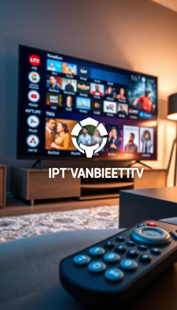 A sleek and modern IPTV service with an array of affordable packages, showcasing a sophisticated user interface on a 4K television screen. The display showcases a range of high-definition channels, streaming seamlessly with vibrant colors and sharp clarity. In the foreground, a minimalist remote control, hinting at the effortless navigation and control. The middle ground features the IPTVANBIETERTV brand logo, prominently displayed, conveying a sense of quality and reliability. The background depicts a cozy living room setting, with subtle lighting and warm tones, creating an inviting atmosphere for an immersive entertainment experience.