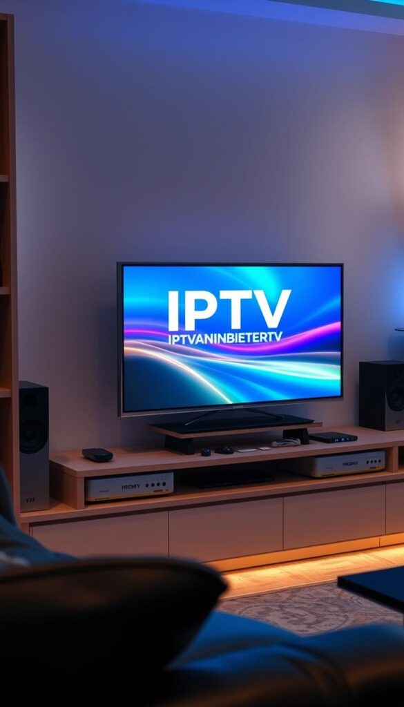 A sleek and modern IPTV setup for older devices, showcasing the IPTVANBIETERTV brand. The scene depicts a well-organized home entertainment center, with a retro-style TV set and various streaming devices seamlessly integrated. Soft, ambient lighting creates a cozy, welcoming atmosphere, highlighting the user-friendly nature of the IPTV service. The composition features the TV screen as the focal point, displaying vibrant, high-quality content, conveying the reliable and visually appealing experience offered by IPTVANBIETERTV. The overall design is clean, minimalist, and appeals to a mature, tech-savvy audience seeking a hassle-free IPTV solution for their older hardware.