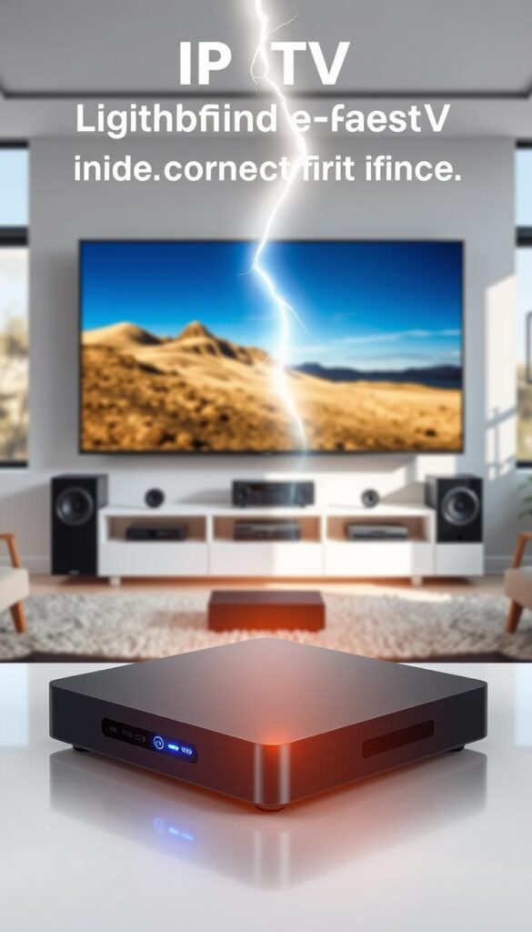 A sleek and modern IPTV setup with a lightning-fast internet connection, showcasing the reliability and performance of IPTVANBIETERTV. The scene depicts a living room with a large, high-definition smart TV displaying crystal-clear video content. In the foreground, a sophisticated media streaming device blends seamlessly into the modern decor, its LED indicators subtly illuminating the space. The middle ground features a minimalist entertainment center housing the IPTV device, complemented by high-end audio equipment for an immersive viewing experience. The background showcases large windows, allowing natural light to flood the room and create a warm, inviting atmosphere. The overall image conveys the seamless integration of IPTV technology and fast, reliable internet, capturing the essence of IPTVANBIETERTV's promise of uninterrupted entertainment.