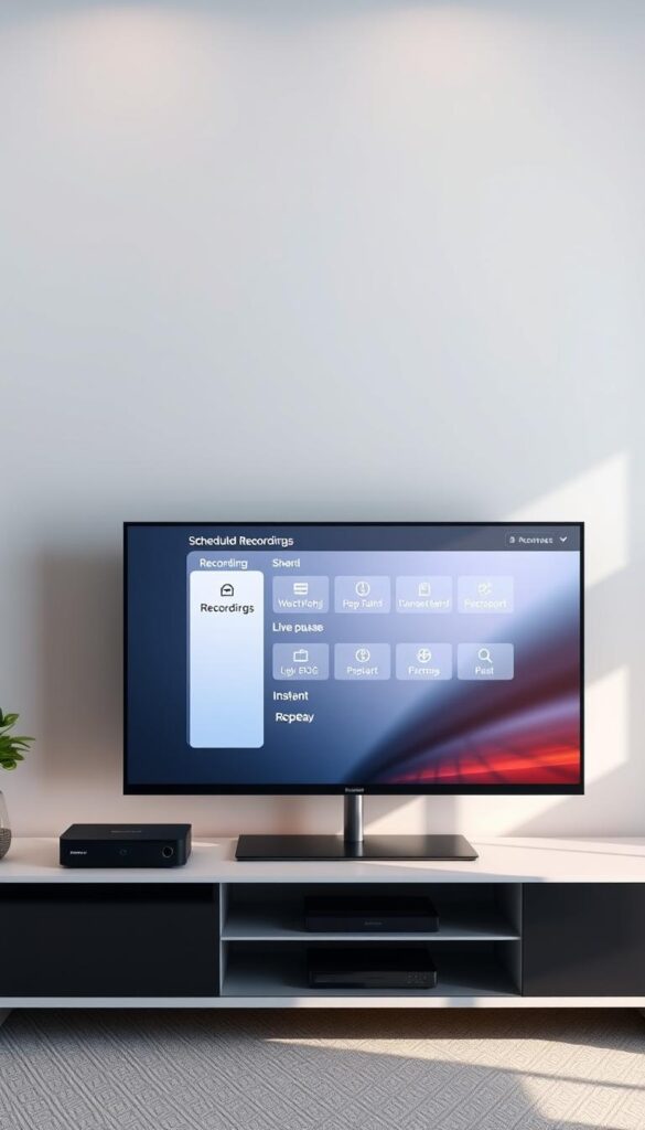 A sleek and modern IPTV setup with a prominent recording interface, showcasing the advanced features of the IPTVANBIETERTV service. The central display shows a comprehensive menu of recording options, including scheduled recordings, live pause, and instant replay. The background features a clean and minimalist design, with a subtle gradient that conveys a sense of sophistication. Soft, directional lighting highlights the display, creating a warm and inviting atmosphere. The overall composition emphasizes the ease of use and versatility of the IPTV recording functions, catering to the needs of the modern viewer.