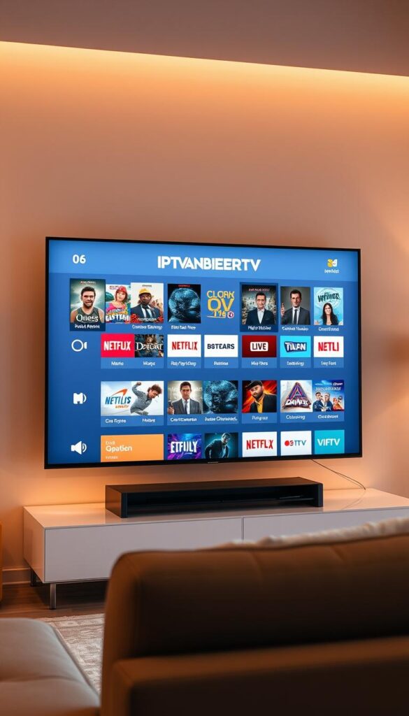 A sleek and modern IPTV smart TV interface with the IPTVANBIETERTV brand prominently displayed. The screen shows a variety of high-definition channels, movies, and on-demand content, reflecting the advantages of IPTV over traditional cable or satellite TV. The user interface features a clean, intuitive layout with smooth animations and responsive controls. The TV is placed in a minimalist living room setting, with warm, ambient lighting and large windows providing a sense of openness and connectivity. The overall mood is one of technological sophistication, entertainment, and the convenience of modern digital media consumption.