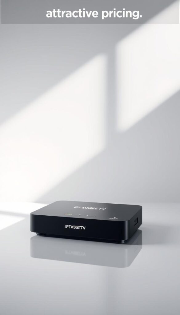 A sleek and modern IPTV subscription package with a sophisticated recording feature, prominently displayed on a minimalist background. The device showcased, emblazoned with the brand name "IPTVANBIETERTV", is showcased in a clean, well-lit studio setting, accentuating its premium, high-tech aesthetic. The scene conveys a sense of convenience, flexibility, and entertainment, reflecting the "attractive pricing" mentioned in the section title. Subtle shadows and reflections add depth and dimension, while the overall composition and lighting create a visually appealing and professional-looking image.