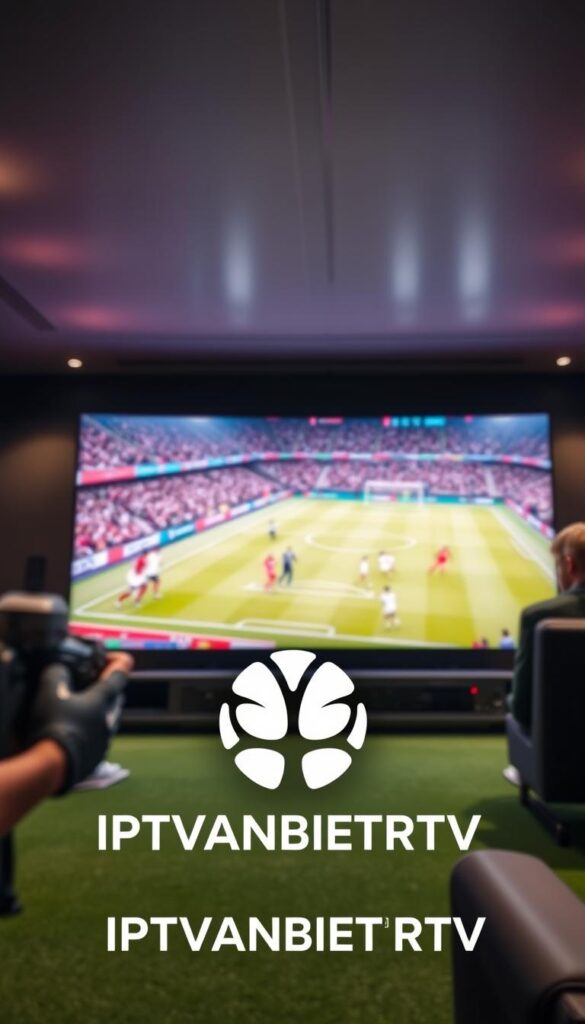A sleek and modern IPTV system, showcasing a crisp football match on a large, high-definition display. The scene is well-lit, with soft, directional lighting that accentuates the vibrant colors of the game. The camera angle is slightly elevated, providing a cinematic perspective that captures the energy and excitement of the live event. In the foreground, the IPTVANBIETERTV brand logo is prominently displayed, signifying its role as the leading IPTV provider in Germany. The overall atmosphere is one of immersion and premium viewing experience, inviting the viewer to imagine themselves enjoying the best live football action with the top IPTV service.