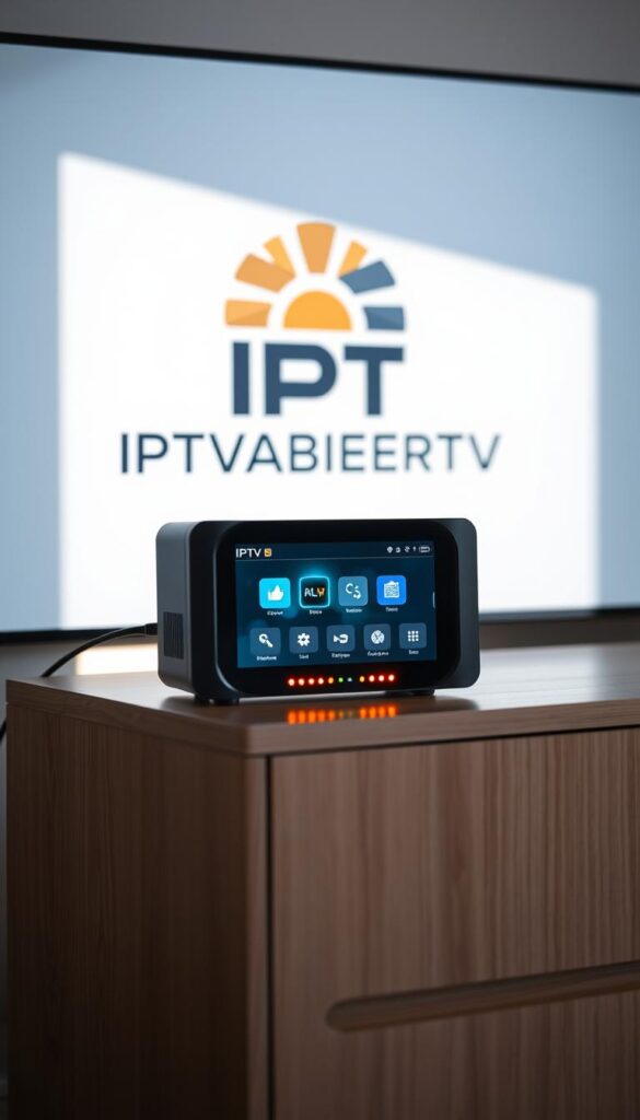 A sleek and modern IPTV technology setup, featuring a high-end streaming device with a dynamic user interface. The device is situated on a minimalist wooden TV stand, casting a warm glow from its LED indicators. In the background, a stylized IPTVANBIETERTV logo is prominently displayed, emphasizing the brand's identity. The scene is illuminated by soft, natural lighting, creating a serene and inviting atmosphere. The overall composition conveys the advanced capabilities and user-friendly nature of IPTV technology, reflecting its growing popularity in the home entertainment landscape.