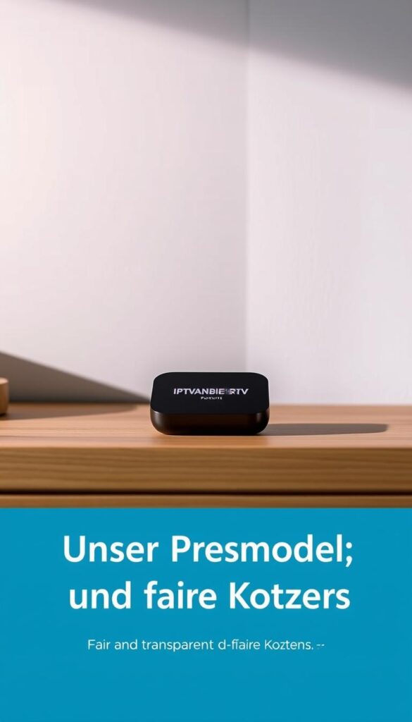 A sleek and modern IPTVANBIETERTV Roku device sitting on a minimalist wooden desk, against a backdrop of soft, neutral-toned walls. The device is showcased in a well-lit, evenly-lit setting, with subtle shadows and highlights accentuating its clean lines and premium finish. The overall atmosphere exudes a sense of simplicity, quality, and transparency, reflecting the fair and transparent pricing model of the IPTV subscription service. The image captures the essence of the "Unser Preismodell: Transparente und faire Kosten" section, presenting the Roku device as the centerpiece of a visually appealing and relatable scene.