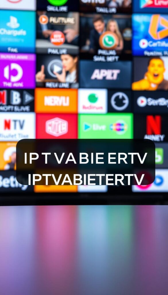 A sleek and modern IPTVANBIETERTV logo prominently displayed against a backdrop of vibrant, colorful cable TV channels and digital entertainment platforms. The logo is rendered in a clean, bold typeface with a striking visual design, evoking a sense of high-quality, cutting-edge IPTV technology. The foreground is sharply focused, while the background features a blurred array of channel icons, program thumbnails, and streaming platform logos, creating a sense of depth and dynamic visual interest. The lighting is bright and crisp, with subtle shadows and highlights that accentuate the 3D-like quality of the logo. The overall mood is one of sleek, sophisticated technology and the abundance of entertainment choices available through the IPTV service.