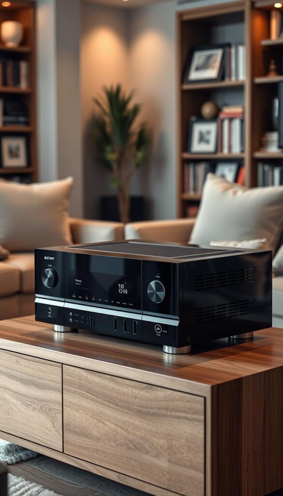 A sleek and modern IPTVANBIETERTV receiver, its glossy black exterior reflecting the soft glow of ambient lighting. Precisely engineered with clean lines and a minimalist design, it sits atop a sturdy, brushed aluminum base. The front panel features a discrete LED display and touch-sensitive controls, seamlessly integrated for a premium, user-friendly experience. Subtle details, such as the subtle blue power indicator and the precision-machined ventilation grilles, elevate the aesthetic. The receiver is positioned on a wooden entertainment stand, surrounded by a warm, cozy living room environment with plush sofas and bookshelves in the background, creating a cohesive, high-end visual.
