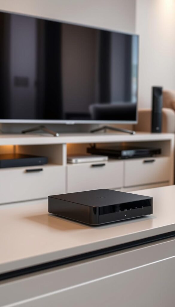 A sleek and modern IPTVANBIETERTV setup, showcasing the latest IPTV technology. The foreground features an elegant smart TV, its display illuminated with a crisp, high-definition image. In the middle ground, a sophisticated IPTV set-top box rests on a minimalist entertainment unit, its clean lines and muted tones complementing the room's contemporary design. The background reveals a cozy living space, with neutral-toned walls and subtle lighting that creates a warm, inviting atmosphere. The entire scene exudes a sense of simplicity and seamless integration, reflecting the ease and convenience of the IPTVANBIETERTV service.