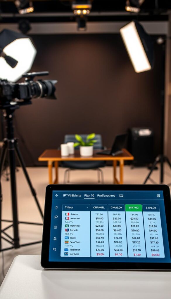 A sleek and modern IPTVANBIETERTV studio setup with high-end camera equipment, softbox lighting, and a professional backdrop. In the foreground, an array of IPTV subscription plan options are displayed on a tablet or laptop screen, showcasing the different tiers, channels, and pricing. The middle ground features a stylish, minimalist desk with a potted plant and other office accessories, creating a clean and organized workspace. The background has a blurred, but warm and inviting ambiance, suggesting a professional and welcoming environment. The overall scene conveys a sense of quality, reliability, and a range of attractive IPTV subscription choices for the viewer.