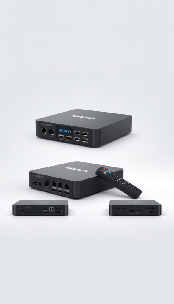 A sleek and modern MAG Box IPTV device, rendered in high detail. The device is showcased in a well-lit, minimalist studio setting, with clean white background and subtle ambient lighting. The MAG Box IPTV is presented from multiple angles, highlighting its compact, rectangular design, various ports and connections, and the IPTVANBIETERTV branding on the front panel. The image conveys a sense of versatility and flexibility, suggesting the device's ability to seamlessly integrate with multiple devices and screens for a seamless IPTV experience.