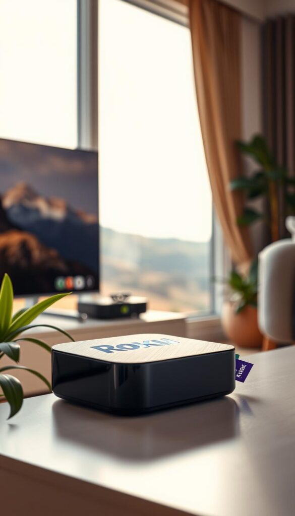 A sleek and modern Roku streaming box, seamlessly integrated into a contemporary living room setup. The device is showcased in a warm, inviting lighting, capturing its clean lines and intuitive design. The Roku box is prominently displayed on a minimalist TV stand, surrounded by plants and a cozy rug, creating a harmonious and relaxing atmosphere. In the background, a large window offers a glimpse of a picturesque outdoor scene, further enhancing the sense of comfort and tranquility. IPTVANBIETERTV