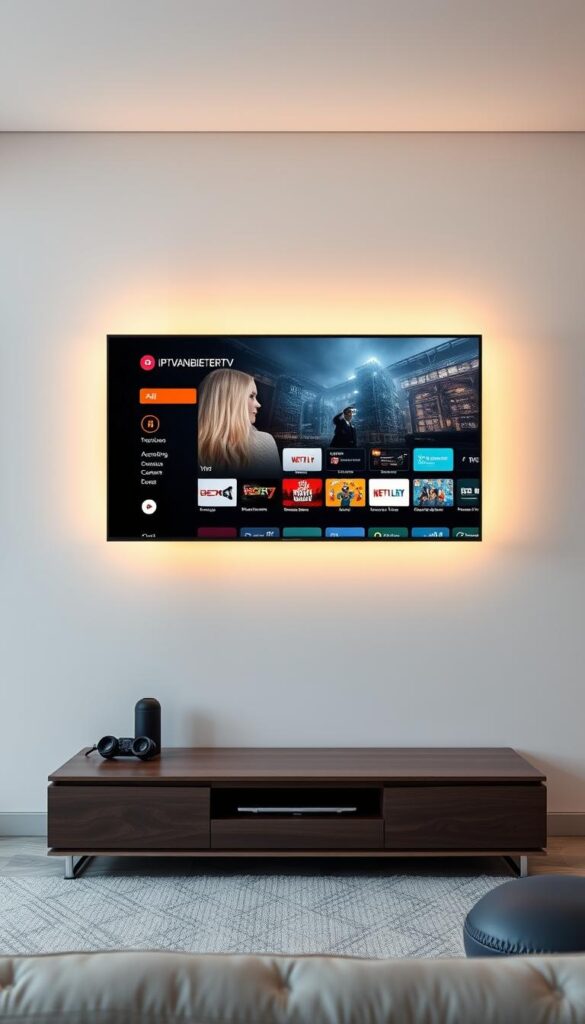 A sleek and modern Smart TV displaying the IPTVANBIETERTV interface, showcasing its intuitive navigation and comprehensive IPTV content selection. The screen is bathed in a warm, inviting glow, creating a cozy and cinematic atmosphere. The TV is positioned in a minimalist, contemporary living room setting, with clean lines and muted tones that complement the display. The camera angle emphasizes the screen, drawing the viewer's attention to the IPTV experience. The overall composition conveys the seamless integration of IPTV technology into the smart home environment.