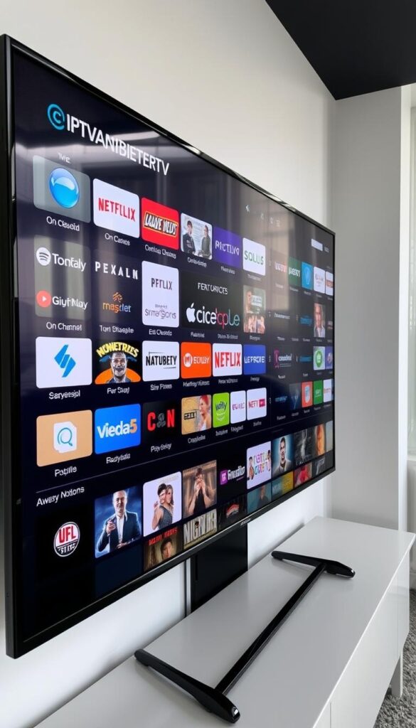 A sleek and modern TV interface displays an extensive IPTV channel lineup, showcasing the comprehensive program offering of IPTVANBIETERTV. The screen is crisp and vibrant, with a clean layout that highlights the various categories and genres of available content. The user experience is intuitive, allowing easy navigation through the extensive selection of live TV channels, on-demand movies, and popular streaming services. The overall impression conveys a premium, high-quality IPTV service tailored for the discerning viewer in Germany, delivering a seamless and enjoyable entertainment experience.