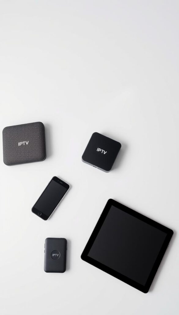 A sleek and modern arrangement of various IPTV-compatible devices, including a smart TV, streaming box, smartphone, and tablet. The devices are displayed in a visually appealing layout, showcasing their diverse compatibility with the IPTVANBIETERTV service. The image has a clean, minimalist aesthetic, with the devices placed against a simple, neutral background that allows them to take center stage. Soft, diffused lighting highlights the smooth surfaces and glossy finishes of the electronics, creating a sense of sophistication and high-quality. The overall composition conveys the message of seamless IPTV integration across a range of popular devices, catering to the diverse needs and preferences of modern users.