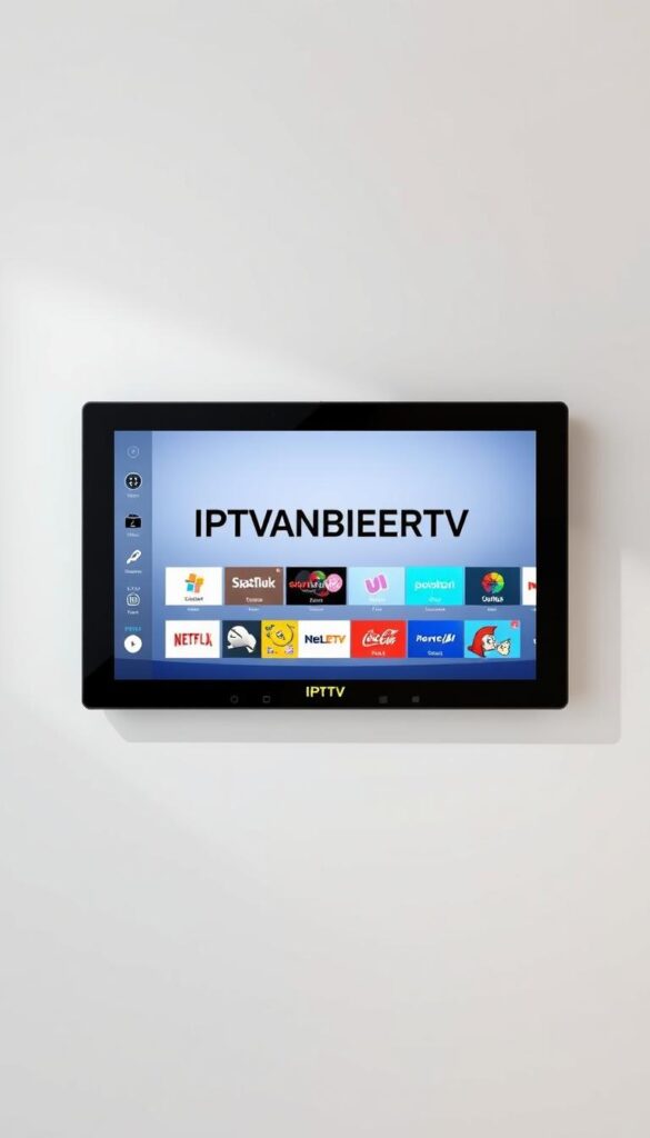 A sleek and modern digital display showcasing the IPTVANBIETERTV brand, prominently featured in the center against a soft, minimal background. The display presents a clean, high-resolution interface with intuitive navigation controls, highlighting the extensive channel selection and seamless streaming capabilities of this leading IPTV provider in Germany. The overall composition conveys a sense of technological sophistication, reliability, and user-friendliness, reflecting the brand's position as a premier IPTV solution for the German market.