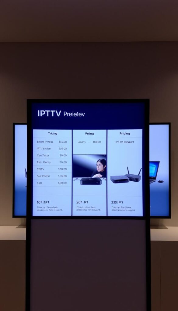 A sleek and modern digital display showcasing the attractive IPTV-Preispläne (IPTV pricing plans) offered by IPTVANBIETERTV. The foreground features a clean, minimal interface with clearly organized pricing tiers and subscription options, highlighting the flexibility and value for each customer's needs. The middle ground depicts various IPTV-enabled devices, such as smart TVs and streaming boxes, to illustrate the compatibility and accessibility of the IPTVANBIETERTV service. The background maintains a subtle, yet sophisticated ambiance with muted colors and soft lighting, creating a visually appealing and professional presentation of the IPTV-Preispläne.