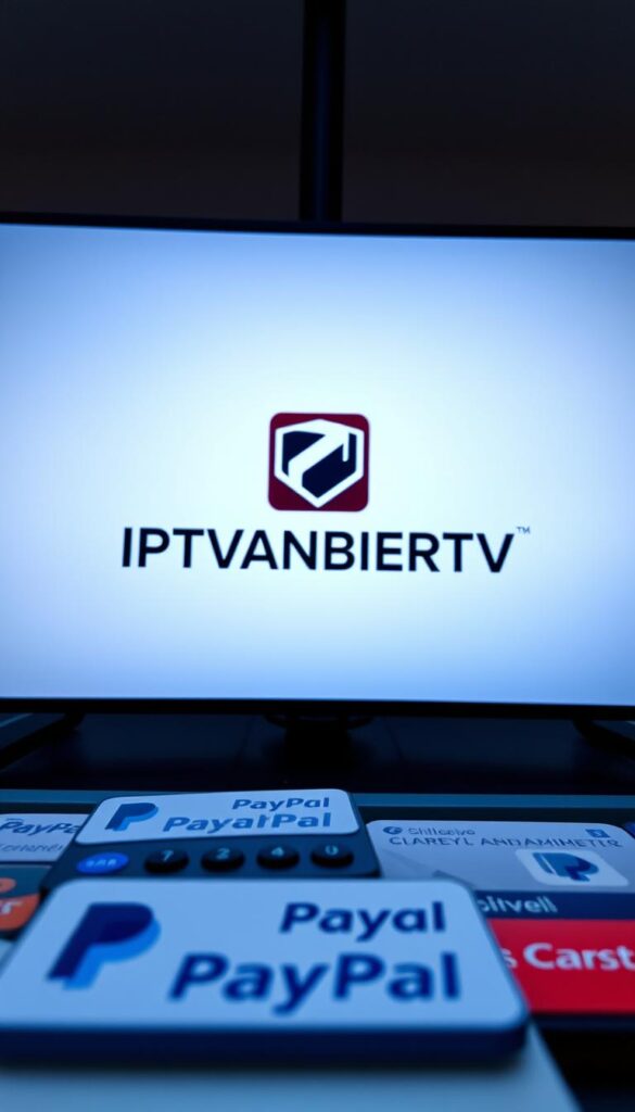 A sleek and modern digital interface showcasing the IPTVANBIETERTV brand prominently in the center. In the foreground, an array of payment options including a PayPal logo, conveying the convenience of IPTV purchases. The background features a clean, minimalist design with subtle geometric patterns, creating a sense of professionalism and reliability. The lighting is soft and diffused, highlighting the interface's clarity and user-friendliness. The camera angle is slightly elevated, giving an authoritative and trustworthy perspective. The overall mood is one of sophistication, security, and the reliable delivery of high-quality IPTV services.