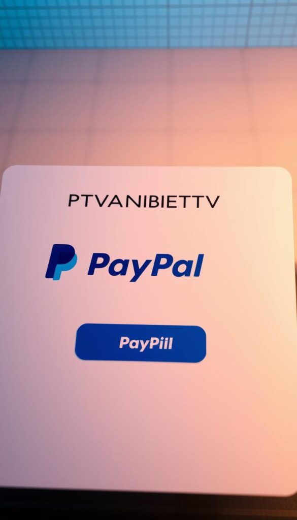 A sleek and modern digital payment interface showcasing the IPTVANBIETERTV brand. The layout features a prominent PayPal logo and button, inviting the user to securely and conveniently pay for their IPTV subscription. The interface has a clean, minimalist design with subtle gradients and soft shadows, creating a professional and trustworthy impression. The background has a subtle grid pattern, suggesting a technological and digital environment. Warm lighting from the top-left illuminates the scene, giving it a welcoming and approachable atmosphere. The overall composition is balanced and visually appealing, making the process of paying for IPTV with PayPal an effortless and pleasant experience.
