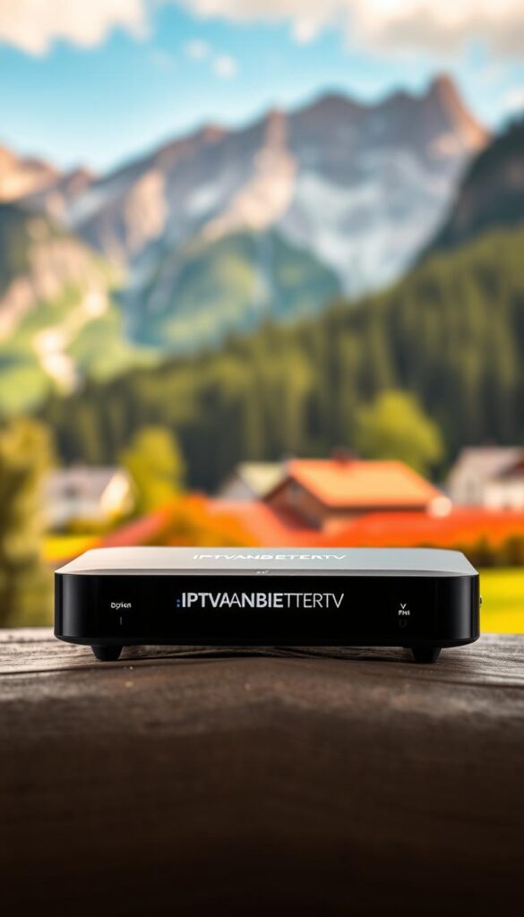 A sleek and modern digital streaming device displaying the IPTVANBIETERTV brand logo, showcasing a vibrant and immersive IPTV experience. The device is positioned prominently against a blurred background of the Bavarian landscape, with the iconic Alps and lush greenery setting the scene. The lighting is warm and inviting, creating a sense of comfort and entertainment. The overall composition emphasizes the versatility and convenience of the IPTV Abonnement Bayern service, tailored to the needs of the user in the heart of Bavaria.