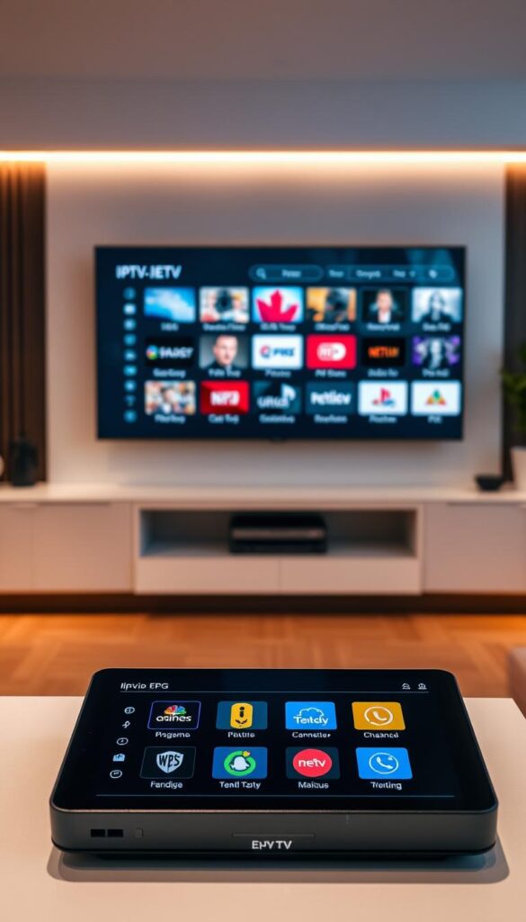 A sleek and modern digital television interface, showcasing an intuitive electronic program guide (EPG) with clear and vibrant channel listings. In the foreground, a high-definition display panel presents a seamless IPTV experience, powered by the IPTVANBIETERTV brand. The middle ground features a minimalist remote control, hinting at the user-friendly navigation. The background conveys a sophisticated smart home setting, with subtle lighting and clean lines complementing the overall aesthetic. The scene radiates a sense of technological sophistication and effortless entertainment, inviting the viewer to explore the IPTV with EPG capabilities.