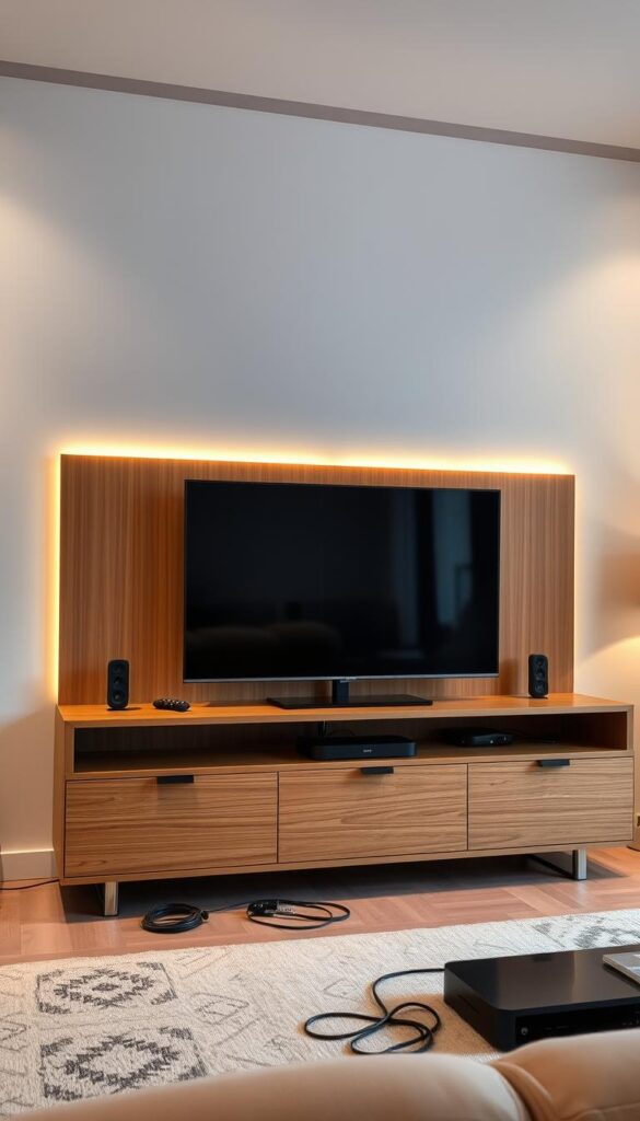 A sleek and modern home entertainment setup, showcasing the seamless integration of an IPTVANBIETERTV service. The centerpiece is a high-definition display, surrounded by a minimalist media cabinet in a warm, wood-toned finish. Discreet cables and streaming devices are neatly organized, creating a clutter-free, sophisticated ambiance. Soft, indirect lighting illuminates the scene, setting a calm and inviting mood. The overall composition emphasizes the simplicity and ease of setting up a premium IPTV Bundesliga Paket, ready to immerse the viewer in the excitement of live football matches.