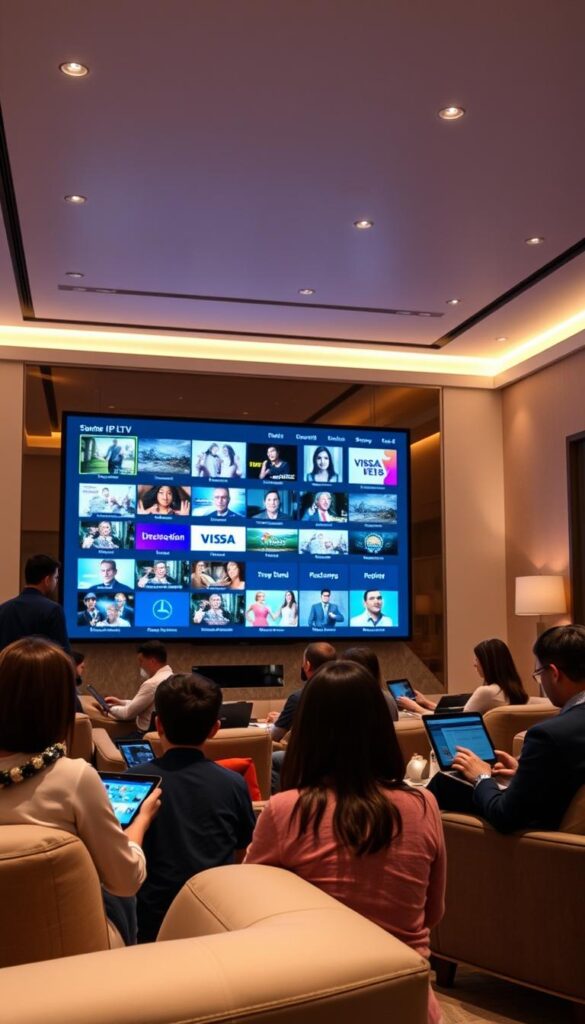 A sleek and modern hotel lobby filled with guests relaxing and enjoying the IPTV Systeme provided by IPTVANBIETERTV. The screen displays a diverse range of entertainment options, from live TV channels to on-demand movies, catering to the diverse needs of the hotel's international clientele. Soft, diffused lighting illuminates the elegant furnishings, creating a warm and inviting atmosphere. In the foreground, a family gathers around a tablet, exploring the intuitive user interface of the IPTV system, while in the background, business travelers work on their laptops, seamlessly connected to the high-speed internet. The scene conveys the flexibility and convenience of the IPTV Systeme, enabling guests to access their favorite content on multiple devices, enhancing their overall hotel experience.