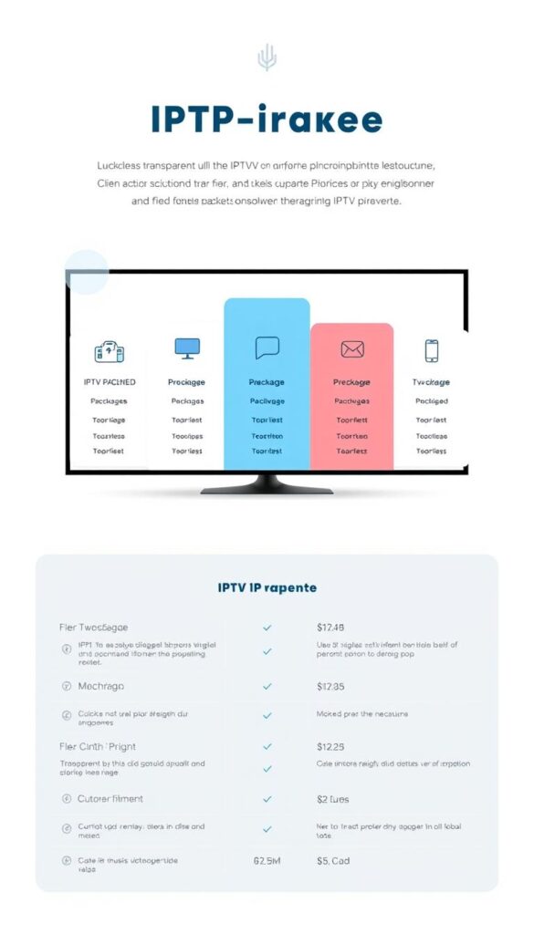 A sleek and modern illustration of IPTV-Pakete, showcasing the transparent and fair pricing plans offered by IPTVANBIETERTV. The image features a clean, minimalist design with a central focus on the IPTV-Pakete. The foreground depicts the various package options, each represented by a distinct icon or graphic, arranged in a visually appealing layout. The middle ground includes subtly detailed pricing information, conveying the transparency and fairness of the IPTVANBIETERTV offerings. The background features a subtle, muted gradient, allowing the IPTV-Pakete to stand out prominently. The overall mood is one of professionalism, clarity, and customer-centric focus, reflecting the values of IPTVANBIETERTV.