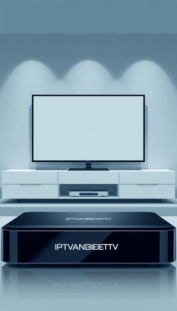 A sleek and modern illustration of a high-tech IPTV setup. In the foreground, a state-of-the-art IPTVANBIETERTV set-top box takes center stage, its clean lines and glossy black finish exuding a premium aesthetic. The mid-ground features a large, 4K ultra-high definition television, its screen displaying a crisp, vibrant image. In the background, a minimalist home entertainment center provides a backdrop, with subtle lighting illuminating the scene. The overall mood is one of sophistication and technological prowess, perfectly capturing the essence of IPTVANBIETERTV as the leading IPTV provider in Germany.