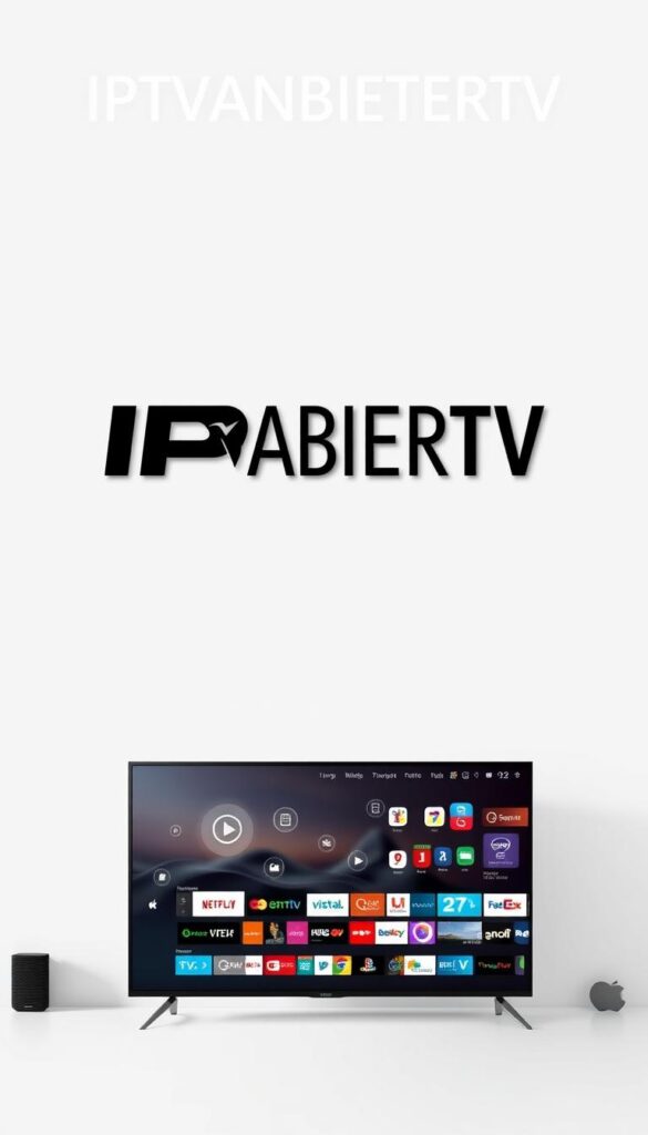 A sleek and modern illustration of the leading IPTV provider in Germany, IPTVANBIETERTV. Set against a clean, minimalist background, the image features a prominent display of the company's logo, conveying a sense of professionalism and authority. The foreground showcases a high-quality image of a smart TV, emphasizing the provider's focus on delivering a seamless streaming experience across multiple devices. The middle ground introduces subtle icons and graphics, hinting at the vast selection of channels and content available through the IPTV service. The overall aesthetic is polished, sophisticated, and reflective of the brand's position as a market leader in the German IPTV landscape.