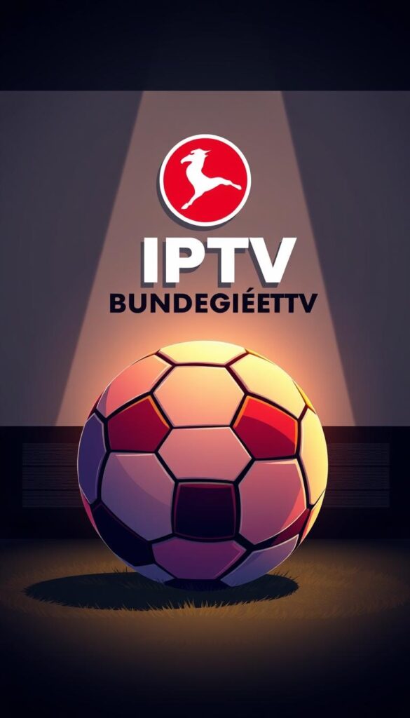 A sleek and modern illustration showcasing the IPTV Bundesliga Paket offering from IPTVANBIETERTV. The image depicts a stylized soccer ball positioned prominently in the foreground, its vibrant colors and intricate hexagonal patterns capturing the essence of the Bundesliga league. In the background, a clean and minimalist layout features the IPTVANBIETERTV logo, conveying a sense of professionalism and reliability. The overall composition is bathed in a warm, natural lighting that adds depth and dimension to the scene, creating an atmosphere of quality and sophistication.