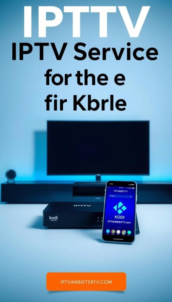 A sleek and modern image showcasing a range of IPTV service options for the Kodi media player. The scene depicts a neatly arranged set of high-tech devices, including a smart TV, a Kodi-enabled set-top box, and a smartphone displaying the IPTVANBIETERTV.com website. The image has a clean, minimalist aesthetic with a cool, blue-toned color palette, emphasizing the technological and professional nature of the IPTV services. The arrangement of the devices creates a sense of balance and harmony, highlighting the integration and accessibility of the IPTV solutions. Soft, directional lighting illuminates the scene, casting subtle shadows and adding depth and dimension to the composition.